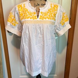 J. Crew White and Yellow Embroidered Top